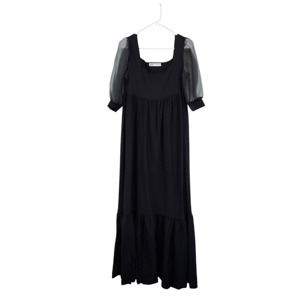 Zara Women's Organza Puff Sleeves Tiered Midi Babydoll Dress - M